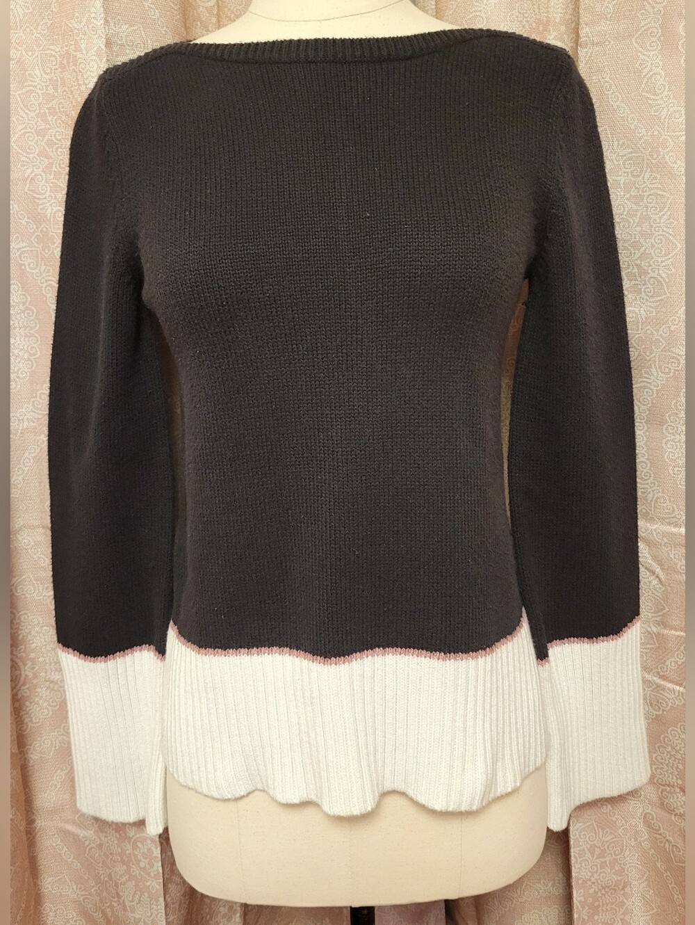 Ann Taylor Black Boatneck Sweater with White Ribbed Hem